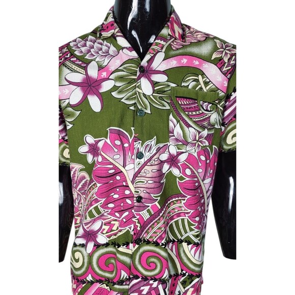 VTG 60s 70s Barkcloth Hawaiian Tiki Psychedelic Floral Men's Button-Down Shirt - Picture 4 of 8